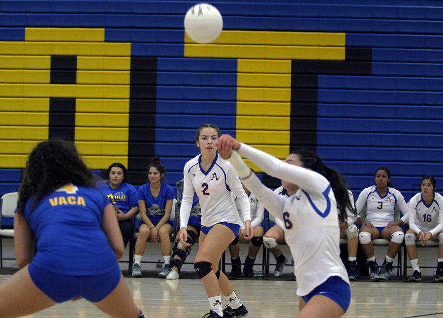 No 6. Maddy Ledesma digs the ball.