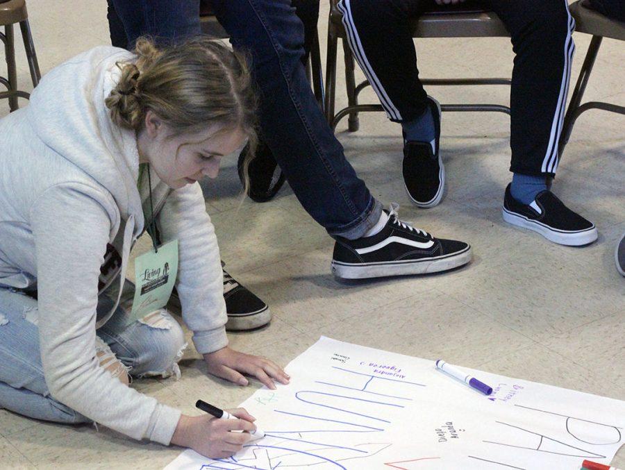 Junior Tacianna Bennet decorates her groups football poster.