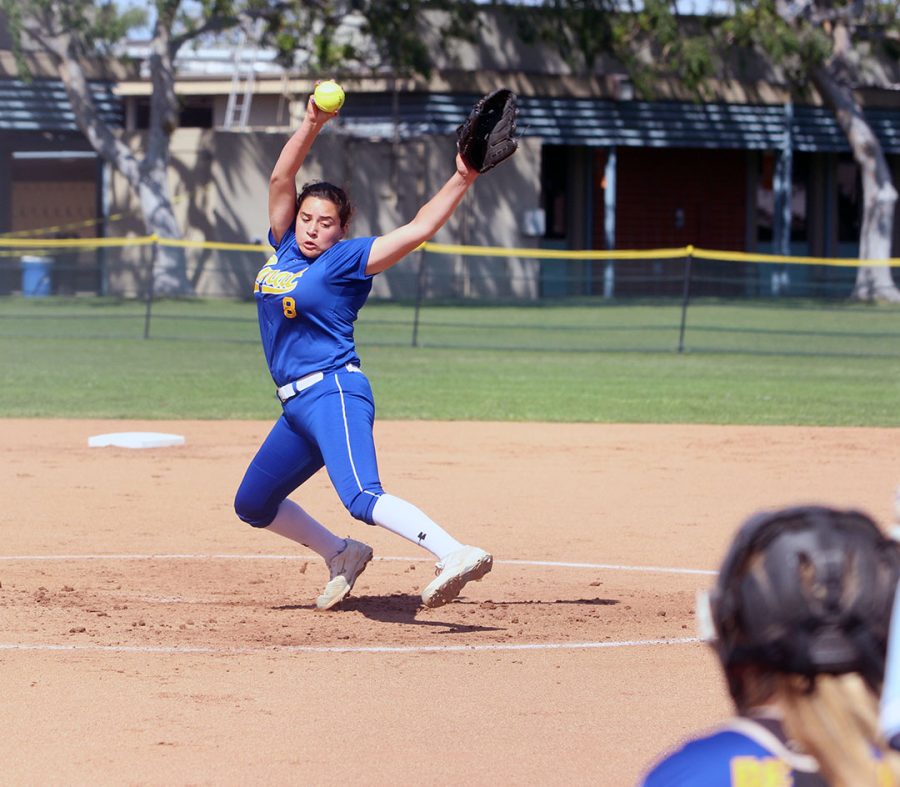 Senior Amanda Hernandez preparing to pitch a strike.