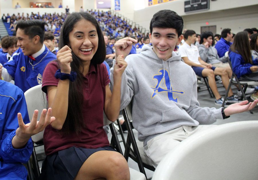 Students Marissa Arredondo and Jacob Basurto participate in a activity during the motivational speech