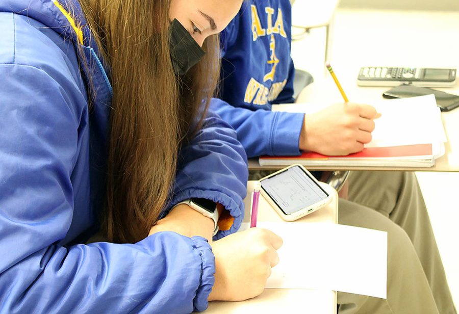 Sydney Vermillion effectively uses her phone to complete the class assignment. 