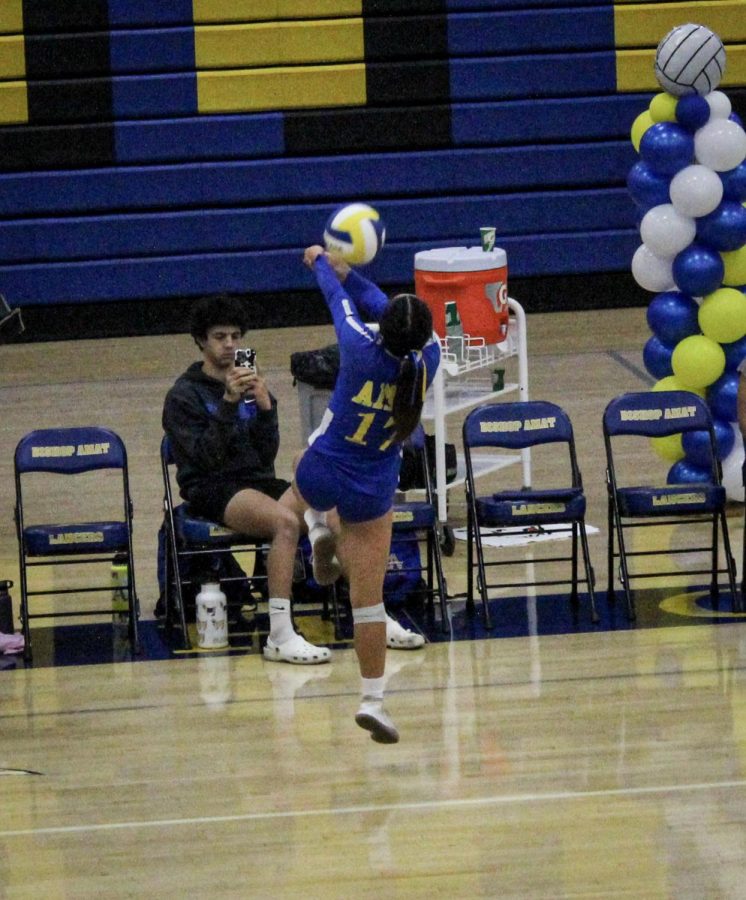 Adrianna Torres passing the ball to the setter.